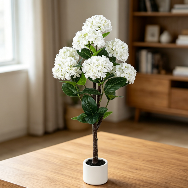 4FT Artificial Hydrangea Tree with White Planter